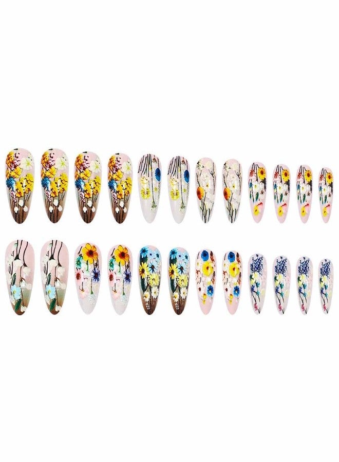 Foccna French Tip Press on Nails Almond Fake Nails False with Flower Designs Acrylic Artificial Nails Full Cover Nails Stick on Nails for Women Girls - Image 2